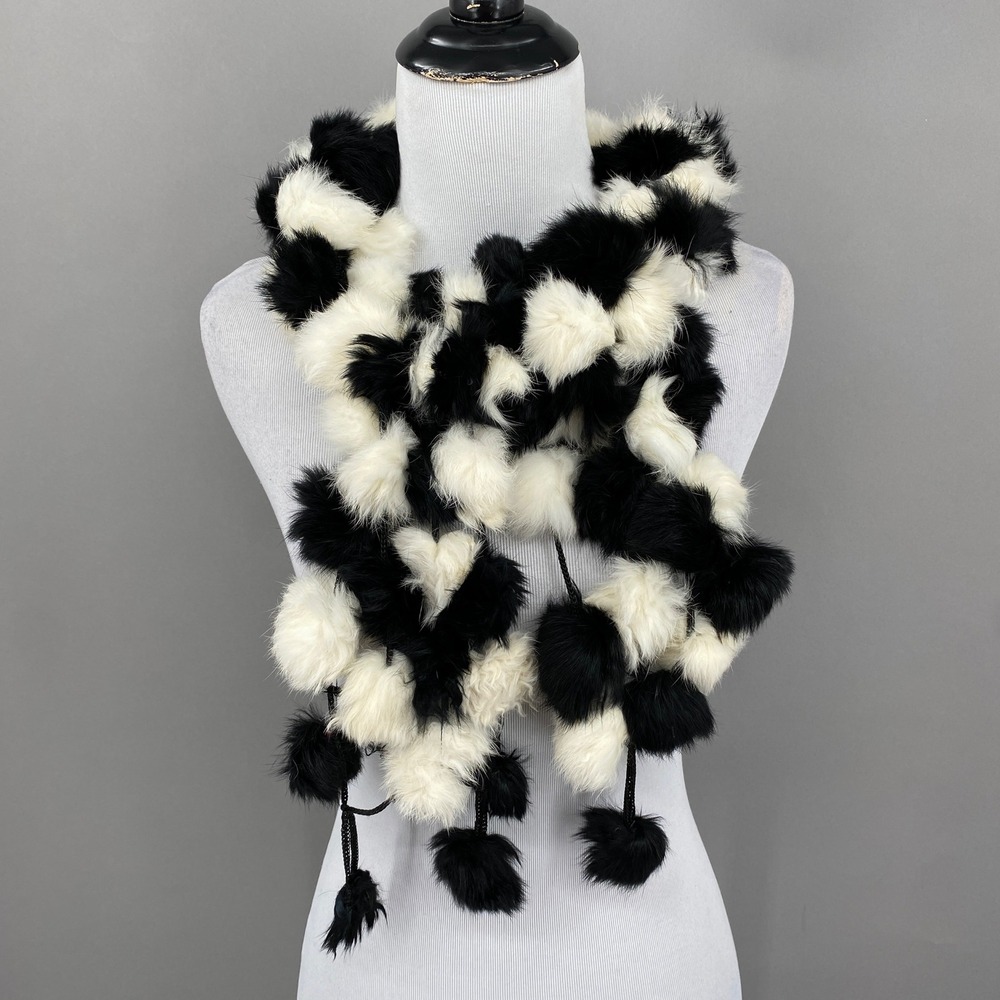 Vintage Black White Rabbit Fur Pom Pom Scarf Winter Avant Garde Cruella
Angora